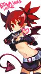  1girl bare_shoulders belt black_gloves bracelet breasts choker crestquest demon_girl demon_tail disgaea etna flat_chest gloves heart highres jewelry long_hair looking_at_viewer makai_senki_disgaea navel pointing pointing_at_viewer pointy_ears red_eyes red_legwear redhead simple_background skirt tail thigh-highs twintails very_long_hair wings 