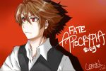  1boy ahoge bangs brown_hair commentary eyebrows_visible_through_hair fate/apocrypha fate_(series) male_focus red_background red_eyes shirt short_hair sieg_(fate/apocrypha) solo waistcoat white_shirt 