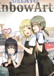  +_+ 3girls ;d bangs black_hair blonde_hair blunt_bangs blush brown_eyes brown_hair brown_skirt closed_mouth english eyebrows_visible_through_hair folded_ponytail green_eyes hair_ornament hairclip hand_on_another&#039;s_shoulder hassan_(user_vgzs2728) heart holding holding_spoon ice_cream_cone indoors long_hair looking_at_another low_ponytail minowa_gin multiple_girls nogi_sonoko number one_eye_closed open_mouth pinky_out pleated_skirt profile puffy_short_sleeves puffy_sleeves school_uniform serafuku short_sleeves sideways_mouth skirt smile standing striped striped_legwear vest washio_sumi washio_sumi_wa_yuusha_de_aru yuusha_de_aru 