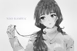  1girl bangs blunt_bangs duffy eyebrows greyscale highres idolmaster idolmaster_cinderella_girls jewelry kamiya_nao long_hair looking_to_the_side low_twintails monochrome necklace parted_lips simple_background sketch solo sweater turtleneck turtleneck_sweater twintails 