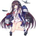  1girl :d aircraft airplane aixioo anchor armpits azur_lane bandaid bandaid_on_knee bare_shoulders bike_shorts black_footwear black_hair blue_coat blue_eyes blue_legwear breasts chains clothes_writing coat dress eyebrows eyebrows_visible_through_hair f4u_corsair f6f_hellcat facing_away full_body headphones knees_together_feet_apart long_hair long_island_(azur_lane) long_sleeves machinery mary_janes medium_breasts necktie no_bra off_shoulder official_art open_mouth purple_pupils red_neckwear remodel_(azur_lane) shoes short_dress sideboob simple_background sleeveless sleeveless_dress sleeves_past_wrists smile solo transparent_background 