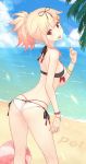  1girl 2016 ass back bangs beach bikini black_ribbon blonde_hair blue_sky blush bracelet braid breasts clouds commentary_request dan_(kumadan) dated day flat_ass food from_behind hair_flaps hair_ornament hair_ribbon hairclip highres jewelry kantai_collection keyhole_bikini licking long_hair looking_at_viewer looking_back medium_breasts ocean open_mouth outdoors poi ponytail popsicle red_eyes remodel_(kantai_collection) revision ribbon sand side-tie_bikini single_braid sky smile solo strap_gap swimsuit thong thong_bikini tongue tongue_out water whale_tail white_bikini yuudachi_(kantai_collection) 