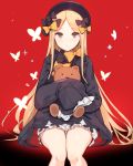  1girl abigail_williams_(fate/grand_order) bangs black_bow black_dress black_hat blonde_hair bloomers bow butterfly closed_mouth dress eyebrows_visible_through_hair fate/grand_order fate_(series) frills hair_bow hands_in_sleeves hat hona_(pixiv7939518) long_hair long_sleeves looking_at_viewer object_hug orange_bow parted_bangs polka_dot polka_dot_bow red_background sitting smile solo sparkle stuffed_animal stuffed_toy teddy_bear underwear very_long_hair white_bloomers 