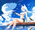  1girl animal_ears arm_support bare_legs barefoot bird blue_eyes blue_sky blush closed_mouth clouds cloudy_sky day feathers fishing_rod food fruit glint kurotobi_rarumu legs_crossed lemon lemon_slice long_hair long_sleeves looking_afar medium_hair midriff navel original outdoors seagull shirt sky smile soaking_feet solo tied_shirt wet wet_clothes wet_shirt white_hair 