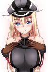  1girl bare_shoulders bismarck_(kantai_collection) blonde_hair blue_eyes breasts brown_gloves detached_sleeves gloves hair_between_eyes hat kantai_collection large_breasts long_hair military military_uniform peaked_cap solo tapisuke uniform 