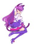  1girl animal_ears boots bow cat_ears cat_tail choker closed_mouth cure_macaron dress elbow_gloves food_themed_hair_ornament from_side full_body gloves hair_ornament high_heel_boots high_heels highres kirakira_precure_a_la_mode kotozume_yukari layered_dress long_hair macaron_hair_ornament magical_girl precure profile purple_bow purple_dress purple_footwear purple_hair purple_neckwear ribbon_choker simple_background smile solo tail thigh-highs thigh_boots violet_eyes white_background white_gloves yougechuu zettai_ryouiki 