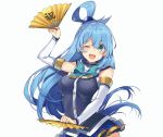  1girl absurdres aqua_(konosuba) bare_shoulders blue_eyes blue_hair blush breasts detached_sleeves fan folding_fan hair_ornament highres kono_subarashii_sekai_ni_shukufuku_wo! long_hair looking_at_viewer mishima_kurone open_mouth skirt smile solo very_long_hair 