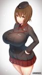  1girl amamiya_(abaros) artist_name breasts brown_eyes brown_hair commentary_request emblem garrison_cap girls_und_panzer hand_on_hip hat huge_breasts kuromorimine_(emblem) kuromorimine_military_uniform looking_at_viewer military military_uniform nishizumi_maho pleated_skirt red_skirt short_hair skirt solo standing uniform 