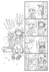  2girls 4koma aki_(girls_und_panzer) angry bbb_(friskuser) clenched_teeth closed_eyes comic commentary_request eating food girls_und_panzer hair_between_eyes hat highres holding holding_food keizoku_school_uniform mika_(girls_und_panzer) monochrome multiple_girls open_mouth sandwich short_twintails sidelocks sitting smile sweatdrop tears teeth translation_request twintails wide-eyed 
