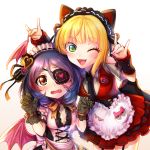  2girls :d animal_ears apron arm_garter badge bare_shoulders black_bow black_dress black_gloves black_neckwear black_ribbon blonde_hair blush bow breasts button_badge chains claw_pose cleavage collared_dress cosplay costume_switch cross-laced_clothes demon_wings detached_sleeves dress embarrassed eyebrows_visible_through_hair eyelashes eyepatch fake_animal_ears fang floral_print fox_ears fox_shadow_puppet garter_straps gloves gold_chain gradient gradient_background green_eyes hair_between_eyes hair_ornament hair_ribbon hairband hayasaka_mirei head_wings heart heart_apron heart_eyepatch height_difference idolmaster idolmaster_cinderella_girls lace lace-trimmed_gloves leaning_forward lolita_hairband looking_at_viewer low_wings maid_headdress medium_breasts miyamoto_frederica multicolored_hair multiple_girls necktie one_eye_closed open_mouth orange_ribbon pink_bow pink_wings pocket purple_hair red_dress redhead ribbon ribbon-trimmed_gloves ribbon_trim rose_print ruku_(ruku_5050) sash short_hair short_sleeves sideboob single_sidelock small_breasts smile streaked_hair striped striped_bow two-tone_hair upper_body waist_apron wavy_mouth white_background white_bow wing_collar wings yellow_background yellow_bow yellow_eyes 