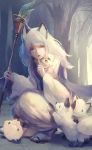  1girl animal_ears bare_tree finger_to_mouth forest fox fox_ears geta holding holding_wand japanese_clothes long_hair long_sleeves manino_(mofuritaionaka) nature original outdoors parted_lips shushing solo squatting standing tabi tail tree wand white_hair white_legwear wide_sleeves 