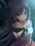  1girl animal_ears arms_behind_back bare_shoulders breasts brooch brown_hair collarbone commentary_request dress imaizumi_kagerou jewelry long_hair looking_at_viewer medium_breasts off-shoulder_dress off_shoulder parted_lips red_eyes shinoba solo touhou very_long_hair wolf_ears 