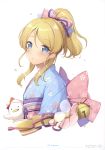  1girl 6u_(eternal_land) absurdres ayase_eli blonde_hair blue_eyes hair_ribbon highres huge_filesize japanese_clothes kimono love_live!_school_idol_project ribbon scan solo 