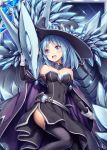  1girl akkijin blue_cape blue_eyes blue_hair cape card_(medium) crystal dragon hat shinkai_no_valkyrie solo thigh-highs witch witch_hat 
