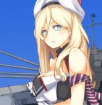  1girl bare_shoulders beret blonde_hair blue_background blue_eyes breasts cleavage dress gloves hair_between_eyes hat kantai_collection large_breasts long_hair looking_at_viewer mole mole_under_eye mole_under_mouth multicolored multicolored_clothes multicolored_dress multicolored_scarf pom_pom_(clothes) richelieu_(kantai_collection) rigging scarf shiragiku1991 simple_background solo strapless strapless_dress upper_body white_gloves 