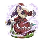  1girl ;d axe bandage bell blood bloody_clothes brown_eyes chains cosplay cosplay_request detached_sleeves dress floating_hair fur_trim gloves grey_gloves hat holding holding_weapon knife long_dress long_hair long_sleeves looking_at_viewer one_eye_closed open_mouth pointy_ears purple_hair red_dress red_hat santa_hat simple_background smile solo sword_art_online torn_clothes torn_dress torn_sleeves very_long_hair weapon white_background yuuki_(sao) 