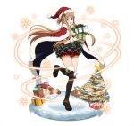  1girl :d asuna_(sao) black_footwear boots box breasts brown_eyes brown_hair cape christmas cleavage floating_hair full_body fur_trim gift gift_box hat holding holding_box long_hair looking_at_viewer medium_breasts one_leg_raised open_mouth red_cape red_hat red_shorts santa_hat short_shorts shorts smile snow solo standing standing_on_one_leg sword_art_online thigh-highs thigh_boots very_long_hair 