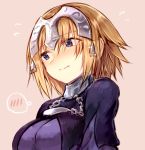  1girl blonde_hair blush breasts capelet chains closed_mouth dress embarrassed eyebrows_visible_through_hair fate/apocrypha fate/grand_order fate_(series) flying_sweatdrops gorget headpiece highres jeanne_d&#039;arc_(fate) jeanne_d&#039;arc_(fate)_(all) large_breasts long_hair looking_away nose_blush pink_background purple_dress simple_background solo spoken_blush sukemyon upper_body violet_eyes 