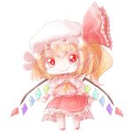  1girl ascot bangs blonde_hair bow chibi closed_mouth commentary_request crystal eyebrows_visible_through_hair eyebrows_visible_through_hat flandre_scarlet frilled_shirt_collar frills full_body hair_bow hat kuriiro looking_at_viewer mob_cap one_side_up petticoat pointy_ears red_bow red_eyes red_skirt red_vest short_hair skirt smile solo standing touhou transparent_background vest white_headwear wings wrist_cuffs yellow_neckwear 