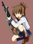  black_legwear brown_hair folded_ponytail gun inazuma_(kantai_collection) kantai_collection kneehighs kozou_(rifa) long_hair neckerchief rifle school_uniform serafuku simple_background solo weapon white_background 