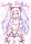  1girl :d animal_ears azur_lane blush breasts bucket camisole cleavage collarbone eyebrows_visible_through_hair fake_animal_ears glint hair_between_eyes happy_birthday headgear holding jacket laffey_(azur_lane) lavender_hair long_hair long_sleeves looking_at_viewer off_shoulder open_clothes open_jacket open_mouth pink_jacket pink_skirt rabbit_ears red_eyes single_bare_shoulder sitting skirt small_breasts smile solo spaghetti_strap star sunege_(hp0715) thigh-highs tsurime twintails unzipped very_long_hair white_legwear wide_sleeves zipper 