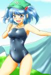  1girl blue_eyes blue_hair blue_sky blue_swimsuit blush breasts competition_school_swimsuit competition_swimsuit d-m_(dii_emu) grass hair_bobbles hair_ornament hat highres kawashiro_nitori long_hair looking_at_viewer medium_breasts one-piece_swimsuit open_mouth short_hair sky smile solo swimsuit touhou twintails two_side_up 