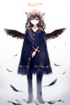  1girl absurdres animal_ears bangs blue_cape brown_hair cape closed_mouth feathers full_body gradient gradient_background halo highres holding looking_at_viewer mini_wings original smile solo spread_wings standing sukemyon wings yellow_eyes 