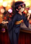  1girl absurdres bangs blue_hair blue_kimono candy_apple commentary_request food hair_between_eyes highres japanese_clothes jk-ff kimono kinchaku long_hair love_live! love_live!_school_idol_project night pouch smile solo sonoda_umi summer_festival wide_sleeves yellow_eyes yukata 
