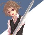  absurdres ahoge bangs brown_hair commentary eyebrows_visible_through_hair fate/apocrypha fate_(series) highres holding holding_sword holding_weapon long_sleeves male_focus multicolored multicolored_background red_eyes shirt short_hair sieg_(fate/apocrypha) solo sword user_hrvr7577 waistcoat weapon white_shirt 