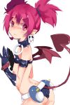  1girl ass bare_shoulders black_gloves bracelet breasts choker demon_girl demon_tail disgaea disgaea_d2 earrings etna gloves jewelry long_hair navel pointy_ears red_eyes redhead short_shorts shorts simple_background small_breasts tail twintails wings yoiyoi_(yoiyoi-chan) 