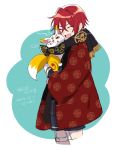  animal blush fox happy holding holding_animal holster japanese_clothes kimono konnosuke kunimitsu male_focus redhead scarf shinano_toushirou short_hair shorts smile solo thigh_holster touken_ranbu 