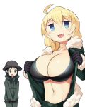  2girls absurdres ahoge black_bra black_eyes black_gloves black_hair blonde_hair blue_eyes blush bra breasts chito_(shoujo_shuumatsu_ryokou) cleavage gloves highres large_breasts long_hair looking_at_another multiple_girls navel open_clothes open_mouth shoujo_shuumatsu_ryokou simple_background sinensian smile underwear white_background yuuri_(shoujo_shuumatsu_ryokou) 