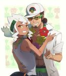  1boy 1girl :d ;d abs alolan_exeggutor arm_around_waist bare_arms bare_shoulders baseball_cap beard blush brown_eyes brown_hair burnet_(pokemon) collarbone couple facial_hair flower flower_necklace from_behind green-framed_eyewear grin hand_on_another&#039;s_back hat highres hsin husband_and_wife jewelry kukui_(pokemon) long_hair looking_at_viewer looking_back low_twintails navel necklace one_eye_closed open_clothes open_mouth open_shirt over-rim_eyewear pokemon pokemon_(game) pokemon_sm pouch ring shirt short_sleeves sidelocks sleeveless smile sunglasses tank_top teeth twintails upper_body v wedding_band white_hair white_hat white_shirt yellow_eyes 