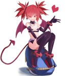  1girl absurdres bare_shoulders black_gloves black_hair bracelet choker demon_tail disgaea earrings etna flat_chest gloves heart highres jewelry long_hair looking_at_viewer makai_senki_disgaea pointy_ears prinny red_eyes redhead simple_background sitting sitting_on_person skirt tail thigh-highs twintails very_long_hair wings 
