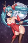  1girl antlers aqua_eyes aqua_hair bell bell_collar christmas collar collarbone covered_navel elbow_gloves gloves hatsune_miku highres leaning_forward long_hair natsuki_tanotano red_gloves sack santa_costume snowflakes solo thigh-highs twintails very_long_hair vocaloid 