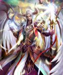  1boy armor highres holding holding_staff horns kei1115 light long_hair looking_at_viewer magic male_focus monster_boy outdoors red_eyes shingoku_no_valhalla_gate staff standing watermark web_address white_hair white_wings wings 