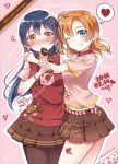  2girls bangs blue_eyes blue_hair blush box chocolate chocolate_heart commentary_request cowboy_shot dated gift gift_box hair_between_eyes hair_ornament happy_valentine heart highres holding holding_gift hug kousaka_honoka long_hair looking_at_viewer love_live! love_live!_school_idol_project minamixdrops mouth_hold multiple_girls one_eye_closed one_side_up orange_hair pantyhose ribbon short_hair short_sleeves smile sonoda_umi valentine yellow_eyes 