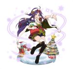  1girl :d ahoge argyle_shorts black_footwear boots box breasts cape christmas christmas_tree cleavage floating_hair full_body fur_trim gift gift_box hairband hat holding long_hair looking_at_viewer open_mouth outstretched_arm purple_cape purple_hair purple_hat purple_shorts red_eyes red_hairband santa_hat short_shorts shorts simple_background small_breasts smile snow snowflakes snowman solo sword_art_online thigh-highs thigh_boots very_long_hair white_background wrist_cuffs yuuki_(sao) 