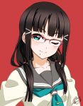  1girl 2017 ;) alternate_hairstyle bespectacled blush brown_hair closed_mouth collarbone dated eyebrows_visible_through_hair glasses green_eyes hair_over_shoulder kurosawa_dia long_hair looking_at_viewer love_live! love_live!_sunshine!! low_twintails mole mole_under_mouth neckerchief number one_eye_closed over-rim_eyewear red-framed_eyewear red_background school_uniform serafuku signature simple_background sketch smile solo takeya_yuuki twintails upper_body uranohoshi_school_uniform 