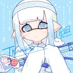  1girl :3 artist_name blue_background blue_eyes blue_hair blue_hairband classic_squiffer_(splatoon) commentary_request dog eyelashes gun hairband holding holding_gun holding_weapon inkling inkling_girl inuowour long_hair pointy_ears sidelocks signature sleeves_past_fingers sleeves_past_wrists solid_circle_eyes solo splatoon_(series) sweater thank_you upper_body weapon white_fur white_sweater 