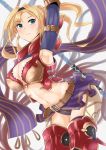  1girl armpits belt blonde_hair blue_eyes blush braid breasts cleavage cleavage_cutout commentary_request detached_sleeves gachou granblue_fantasy hairband large_breasts long_hair looking_at_viewer midriff navel polearm solo thigh-highs twintails weapon zeta_(granblue_fantasy) 