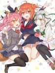  3girls :d ;3 ;d ahoge animal_ears arms_up bangs bell black_legwear blush bow bowtie box breasts brown_footwear cardigan cleavage dress eyebrows_visible_through_hair fate/extra fate/grand_order fate_(series) fingernails flat_chest fox_ears fox_shadow_puppet fox_tail fujimaru_ritsuka_(female) gift gift_box hair_between_eyes hair_bow hair_ornament hair_scrunchie headpiece highres holding jeanne_d&#039;arc_(fate)_(all) jeanne_d&#039;arc_alter_santa_lily jumping legs_up loafers long_hair long_sleeves looking_at_viewer medium_breasts midriff mittens multiple_girls nail_polish nanakagura neckerchief one_eye_closed open_mouth orange_eyes orange_hair outstretched_arms pantyhose pink_hair pink_nails plaid plaid_skirt pleated_skirt pom_pom_(clothes) red_neckwear round_teeth scarf school_uniform scrunchie serafuku shoes short_hair side_ponytail sidelocks skirt smile star tail tamamo_(fate)_(all) tamamo_no_mae_(fate) teeth thigh-highs triangle twintails w white_background white_dress white_hair wing_collar yellow_eyes zettai_ryouiki 