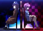 2girls black_footwear black_hairband blue_shirt bow brown_coat brown_eyes brown_hair chair checkered checkered_background coat commentary_request e.o. fedora frills from_side hair_bow hairband hat hat_bow komeiji_satori long_sleeves multiple_girls pink_hair shirt shoes short_hair sitting socks striped striped_legwear touhou usami_renko white_bow white_legwear wide_sleeves 