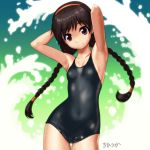  1girl armpits black_hair breasts looking_at_viewer original red_eyes rohitsuka school_swimsuit small_breasts solo swimsuit 