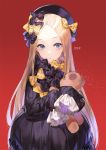  1girl abigail_williams_(fate/grand_order) artist_name bangs black_bow black_dress black_hat blonde_hair blue_eyes bow butterfly closed_mouth commentary_request dress fate/grand_order fate_(series) hair_bow hands_in_sleeves hat kim_eb long_hair long_sleeves looking_at_viewer object_hug orange_bow parted_bangs polka_dot polka_dot_bow red_background solo stuffed_animal stuffed_toy teddy_bear very_long_hair 
