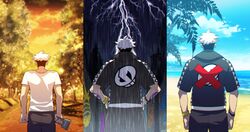  1boy beach from_behind guzma_(pokemon) highres lightning mawiko multicolored_hair pokemon pokemon_(game) pokemon_sm rain storm tattoo tree trophy two-tone_hair wristband younger 