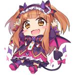  1girl :3 :d arms_up bangs black_bow blunt_bangs blush_stickers bow buttons checkered_bow chibi chobi_(penguin_paradise) demon_horns demon_tail diamond_(shape) dress eyebrows_visible_through_hair fang frilled_dress frills fur-trimmed_boots fur_trim hair_bow hairband halloween heart heart_tail horned_headwear horns ichihara_nina idolmaster idolmaster_cinderella_girls juliet_sleeves kneehighs layered_dress lolita_hairband long_hair long_sleeves looking_at_viewer mismatched_legwear multicolored_bow open_mouth orange_hair pink_bow pocket puffy_sleeves purple_dress purple_footwear purple_legwear red_legwear simple_background single_kneehigh single_thighhigh smile solo sparkle sparkling_eyes striped striped_legwear tail tail_bow thigh-highs two_side_up v-shaped_eyebrows white_background yellow_eyes 