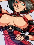  1girl artist_name bare_shoulders black_hair blue_eyes breasts breasts_apart commentary fingerless_gloves gloves guilty_gear hat i-no large_breasts mole mole_above_mouth parted_lips shiny shiny_skin short_hair simple_background smile solo teeth typo_(requiemdusk) under_boob upper_body witch_hat 