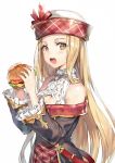  1girl bare_shoulders blonde_hair brown_eyes cleavage_cutout diola_(granblue_fantasy) food frills granblue_fantasy hamburger hat long_hair looking_at_viewer momoko_(momopoco) open_mouth simple_background solo white_background 