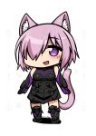  1girl :d animal_ears armor armored_dress bare_shoulders blush boots cat_ears cat_tail chibi eyebrows_visible_through_hair fate/grand_order fate_(series) full_body gauntlets hair_over_one_eye kaafi kemonomimi_mode knee_boots mash_kyrielight one_eye_covered open_mouth pink_hair short_hair signature smile solo standing tail violet_eyes 